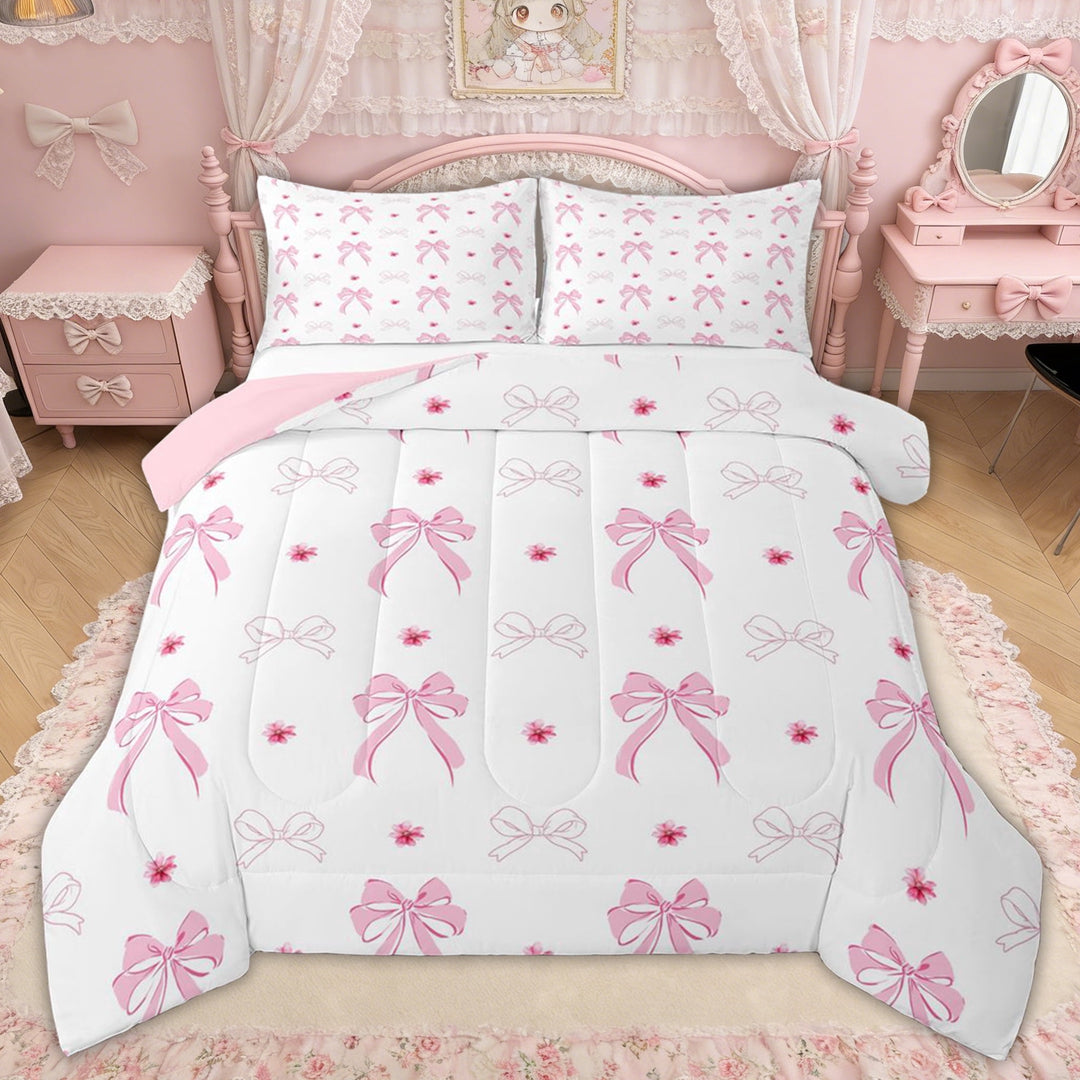 Erosebridal Pink Bowknot Queen Comforter Set for Girls Kids, White Pink Flower Floral Bedding Comforter Set, Pink Reversible, 3 Pieces