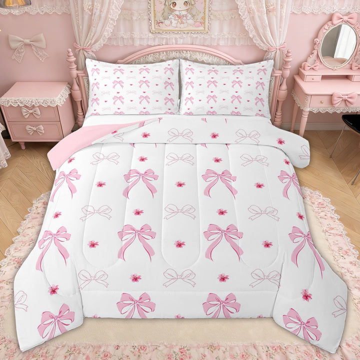 Erosebridal Pink Bowknot Queen Comforter Set for Girls Kids, White Pink Flower Floral Bedding Comforter Set, Pink Reversible, 3 Pieces