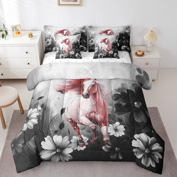 Horse 7 Piece Comforter Set Full Daisy Flowers Bedding Sets,Red Black Ombre Oil Painting Sheet Set with Comforter Graffiti Art Farm Animals Butterfly Bohemian Decor