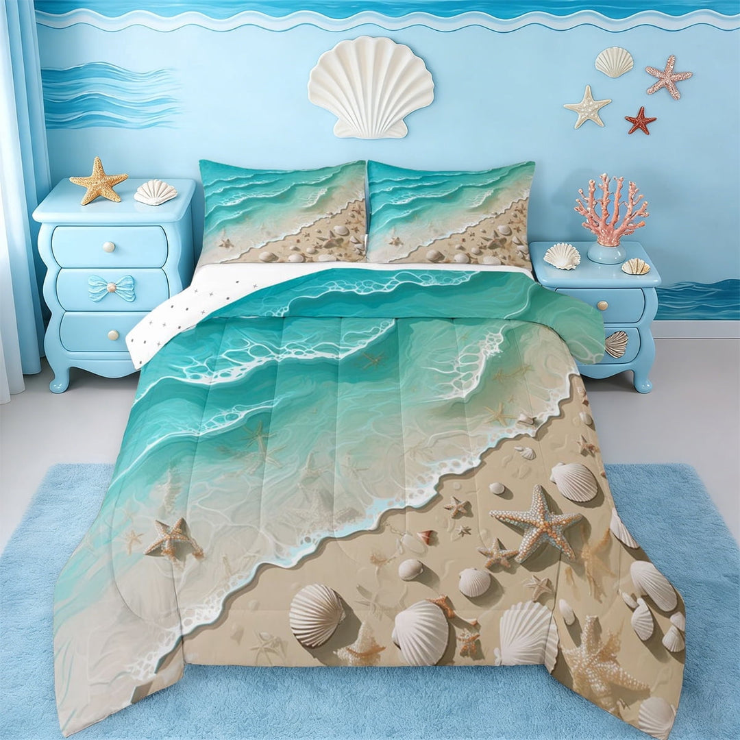 Erosebridal Ocean Beach Full Size Comforter Sets,Nautical Coastal Starfish Bedding Sets For Kids Girls,Reversible,3 Pieces