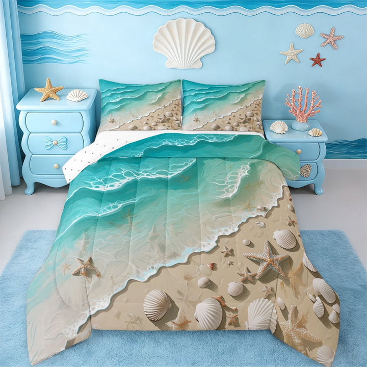 Erosebridal Ocean Beach Full Size Comforter Sets,Nautical Coastal Starfish Bedding Sets For Kids Girls,Reversible,3 Pieces