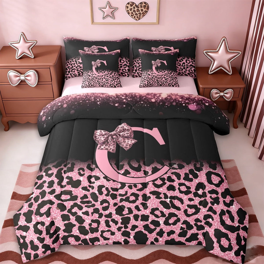 Erosebridal Fashion Leopard Printed 7-Piece Twin Bedding Sets,Pink Cheetah Pattern C Alphabet Bedding Comforter Set For Kids Girls,Reversible pink