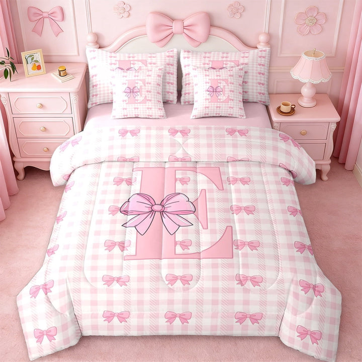 Erosebridal Pink Girly Bow 7-Piece Twin Bedding Sets,Letter E Initial Monogrammed Bedding Comforter Set For Kids,Pink Reversible