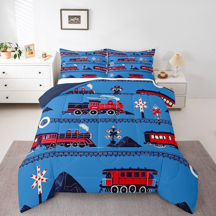Train Comforter Set Cartoon Car Bedding Set, Traffic Transportation Track Comforter Teens Red Blue Steam Engine Railway Decor Quilt Set Room 2Pcs