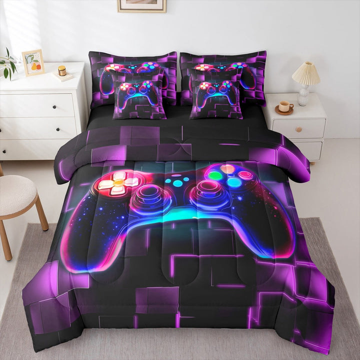 Erosebridal 7Pcs Gamer Comforter Set King For Boys,Gaming Bedding Comforter Set,Video Game Gamepad Bed In A Bag Neon Glowing Square Geometric Grid Purple Bed Sets With Comforter And Sheets