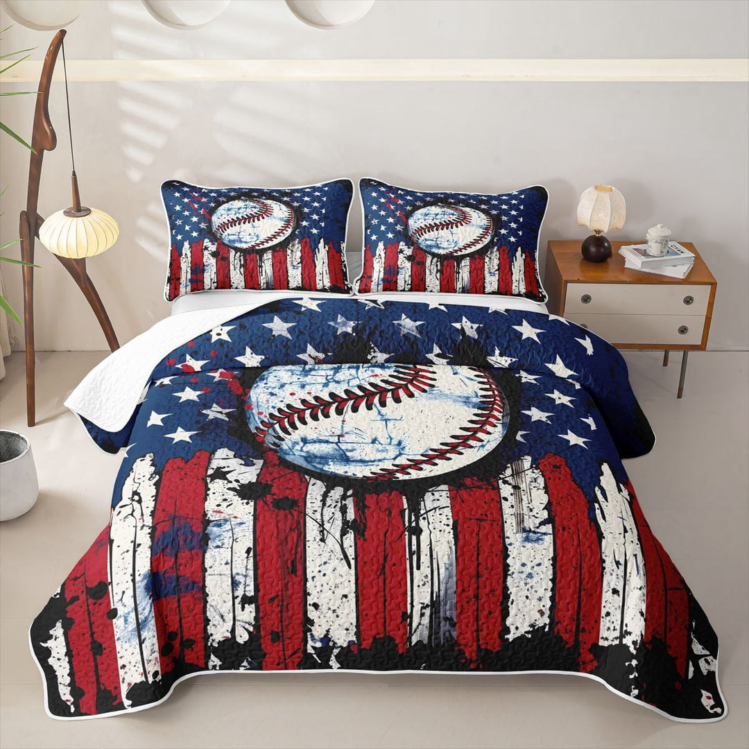 Manfei Baseball Sport Twin Quilt Set,Vintage American Flag Twin Coverlet Set,2pcs