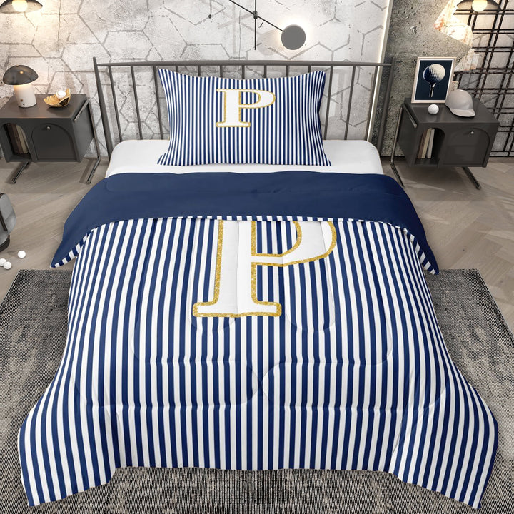 Erosebridal Fashion Letter P Twin Comforter Sets for Kid, Blue Cartoon Line Bedding Set, 2pcs