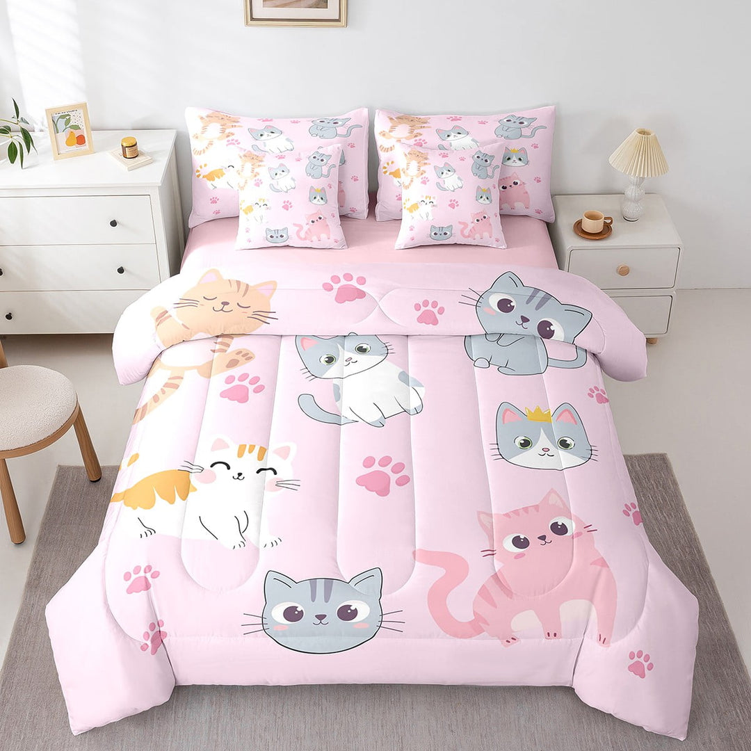 Erosebridal Cat Comforter Set Twin Size Cute Colorful Cats Bedding Set With Sheets,Pillow Covers Pink Pet Animal Paw 7 Piece Bed In A Bag Grey Orange Cat Bed Set Reversible Pink