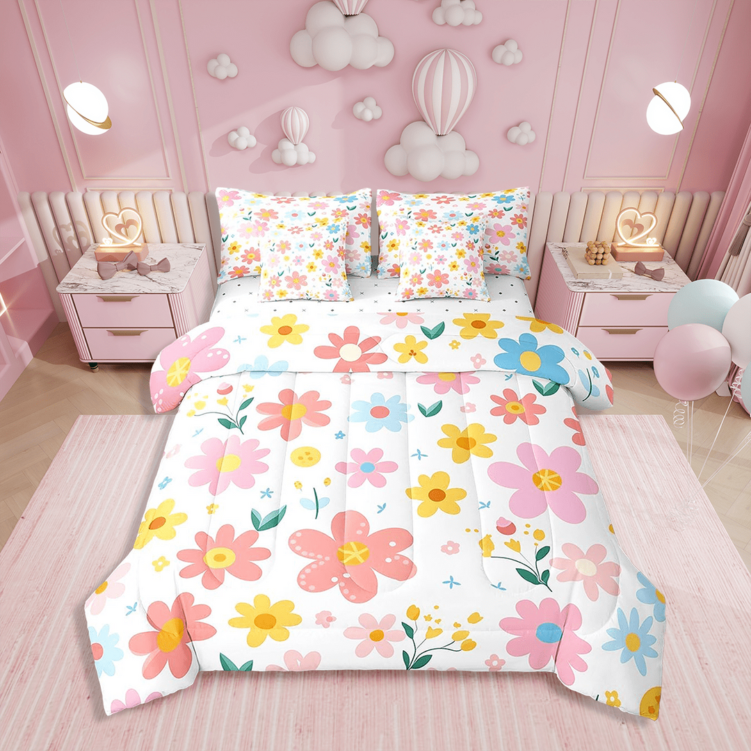 Cute Flower 7 Piece Bedding Set Twin Size Cartoon Cute Floral Bed in a Bag Teens Yellow Pink Comforter Set with Sheets Kawaii Bed Set