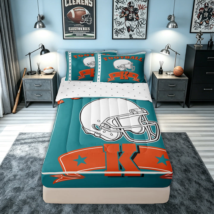 meiyoeat Football Letter K Zipper Comforter Set with Fitted Sheet and 2 Pillowcases for Boys, Rugby Sport Helmet Zipper Bedding Set for Bedroom, Teal, Reversible, 3 Pieces