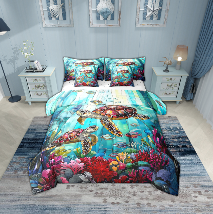 Erosebridal Ocean Turtle Bedding Sets Twin Size,Sea Animal Comforter Sets with Sheets,Underwater World Room Decorative,Reversible,Breathable,7pcs