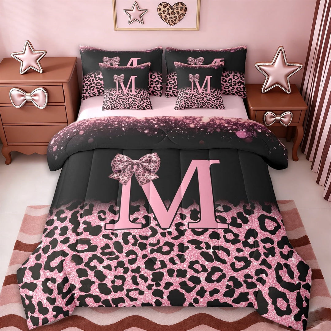 Erosebridal Fashion Africa Leopard Pattern 7-Piece Twin Bedding Sets,Pink Initial Letter M Bedding Comforter Set For Women,Reversible pink
