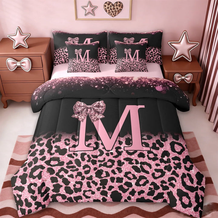 Erosebridal Fashion Africa Leopard Pattern 7-Piece Twin Bedding Sets,Pink Initial Letter M Bedding Comforter Set For Women,Reversible pink