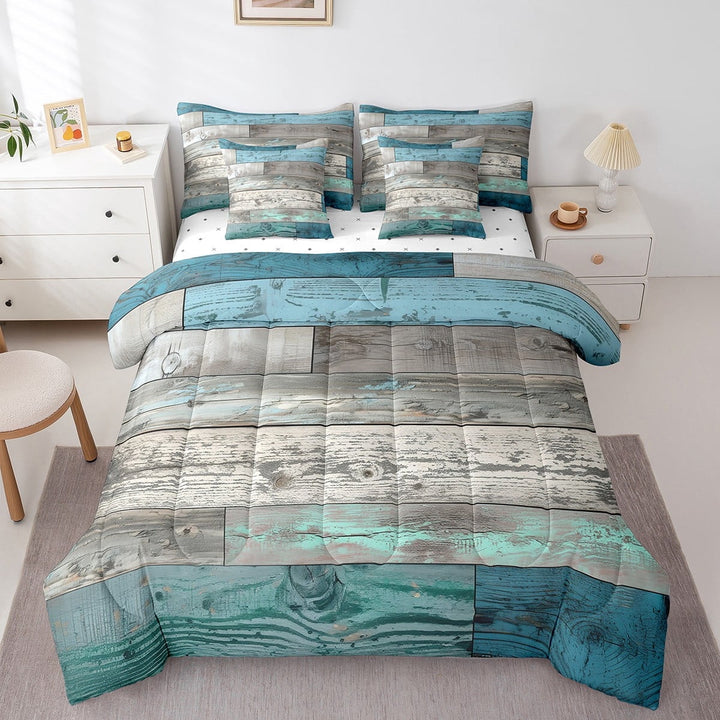 Erosebridal Western Bed In A Bag Queen 7 Piece Rustic Farmhouse Comforter Set Retro Country Blue Grey Spliced Plank Bedding Set With Comforter, Sheets, Pillowcase And Covers