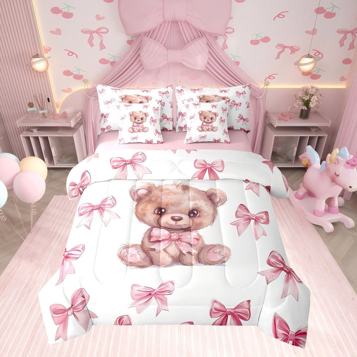 Erosebridal Bear Comforter Sets Twin Size, Kawaii Animal Comforters &amp; Duvets, Princess Style Decor, Reversible 7 Pieces