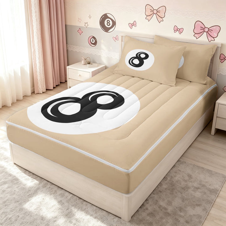 meiyoeat Neutral Lucky 8 Ball Zipper Full Size Comforter Sets with Fitted Sheet and 2 Pillowcases for Girls, Cartoon Billiards Zipper Bedding Set, Tan, Reversible, 4-Piece