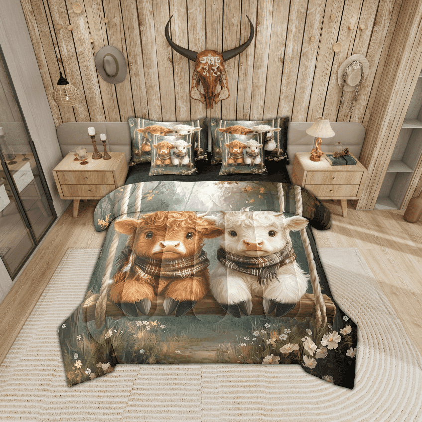Erosebridal Cartoon Highland Bull Bedding Sets Twin Size, Watercolor Oil Painting Blossoms Comforter Sets with Sheets, Reversible 7-Piece