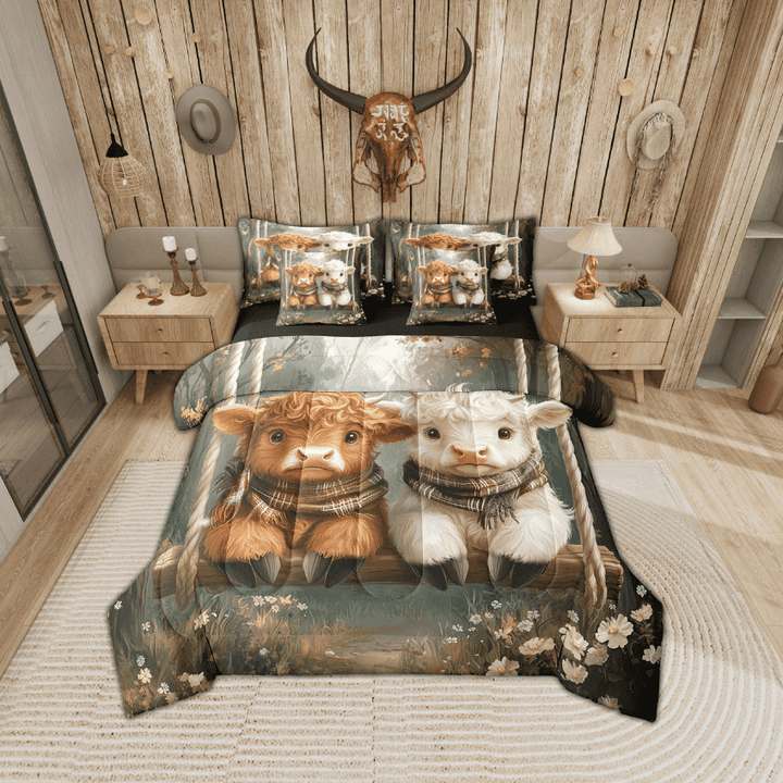 Erosebridal Cartoon Highland Bull Bedding Sets Twin Size, Watercolor Oil Painting Blossoms Comforter Sets with Sheets, Reversible 7-Piece