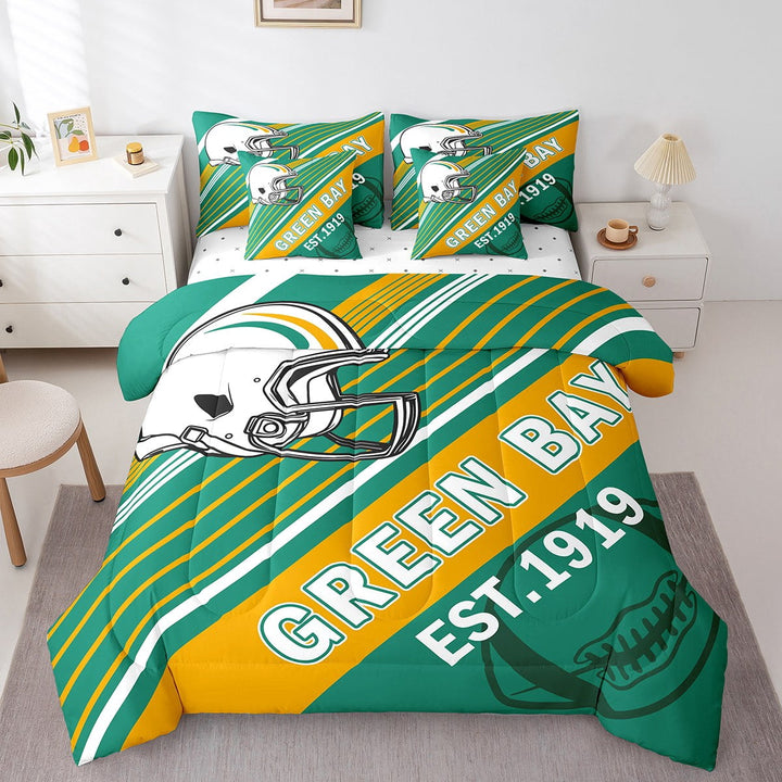 Erosebridal Rugby Bedding Sets Twin Size,Stripes Sport Comforter Sets with Sheets,Football Gaming Decor (Green Bay),Reversible,Breathable,7-Piece