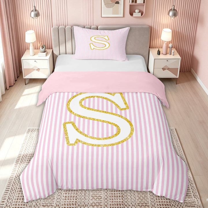 meiyoeat Gold S Monogram Bedding for Kids Girls Women, Pink Stripes Duvet Cover Full for Bedroom, Pink Reversible, 3pcs