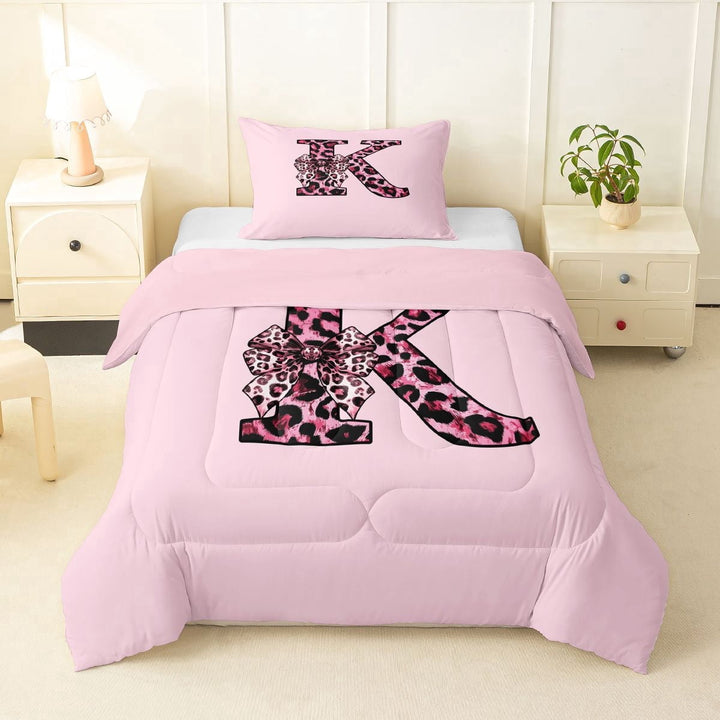 Erosebridal Girls Black Pink K Letter Monogrammed Twin Comforter Sets 3-Piece,Kids Cheetah Print Bow Tie Bedding Set,Pink Reversible