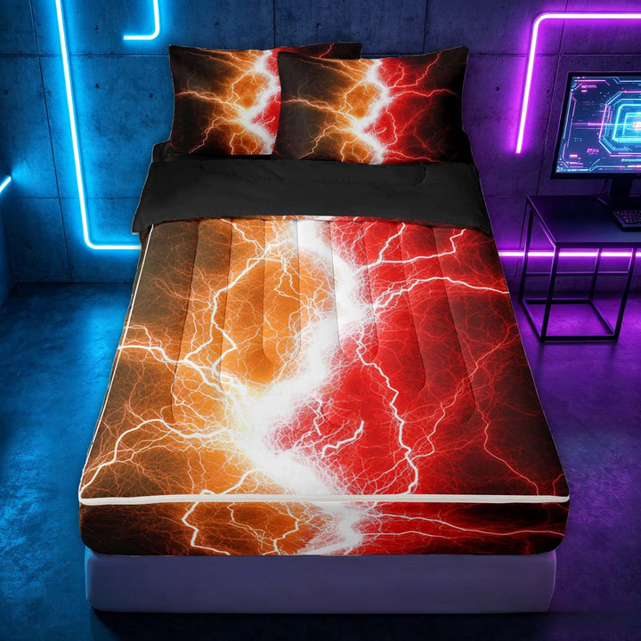 meiyoeat Neon Lightning Pattern Zipper Full Size Comforter Sets with Fitted Sheet and 2 Pillowcases for Boys, Electric Orange Red Print Zipper Bedding Set, Black Reversible