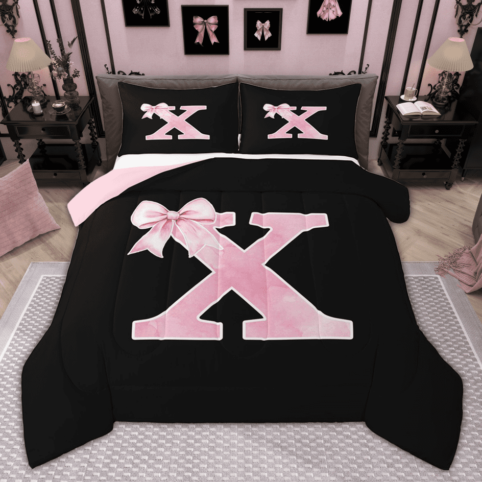 Manfei Cute Girls Bowknot Bowtie Bedding Comforter Set, Monogrammed Twin Comforter Sets, Personalized Letter X Bedding Set, Lightweight Bedroom Decor, Reversible 2-Piece