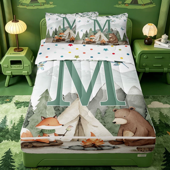 meiyoeat Happy Camping Themed Zipper Twin Comforter Sets With Fitted Sheet And 2 Pillowcases For Boys,Green Initial Letter M Zipper Bedding Set,Polkadot Reversible,4-Piece