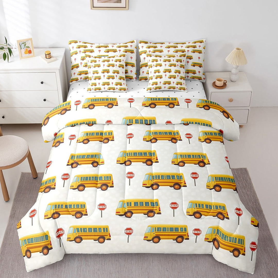 Cartoon School Bus Bedding Full Size 7pcs, Bus Vehicle Printed Comforter Set Bed in a Bag, School Theme Teens Soft Bedding Sets &amp; Collections, Yellow Red Transportation Bed Sheets Set