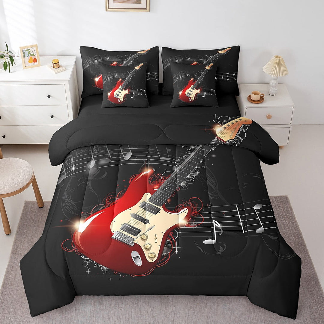 Guitar Comforter Set - 7 Pieces Musical Note Bedding Sets Twin Bed In A Bag With Reversible Hip Hop Music Comforter, Soft Microfiber Sheets, Pillowcases &amp; Throw Pillow Covers, Black