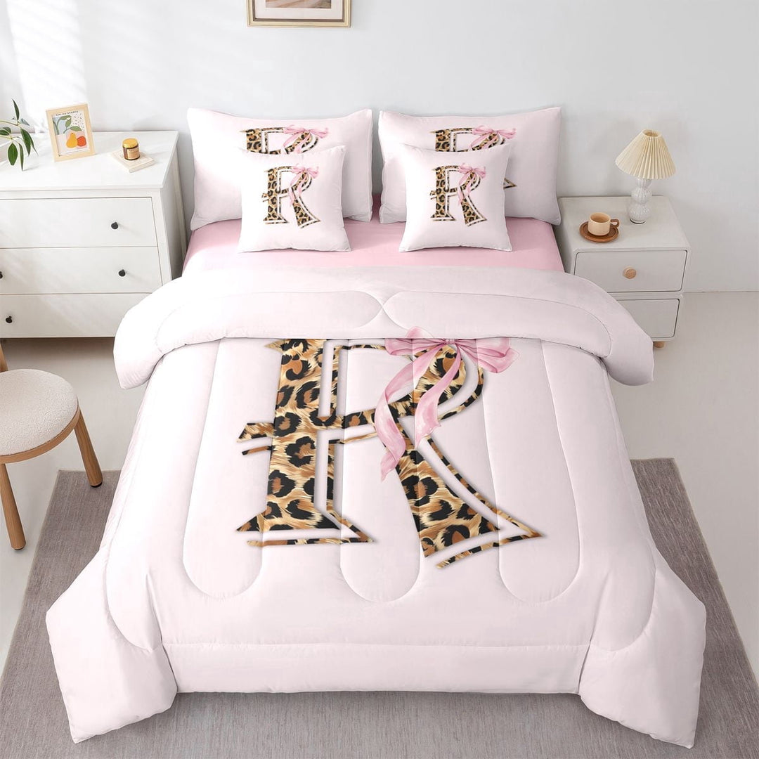 Erosebridal Monogrammed K Twin Bedding Sets for Kids, Fashion Cheetah Print Bedding Comforter Set, Pink Reversible, 7 Pieces