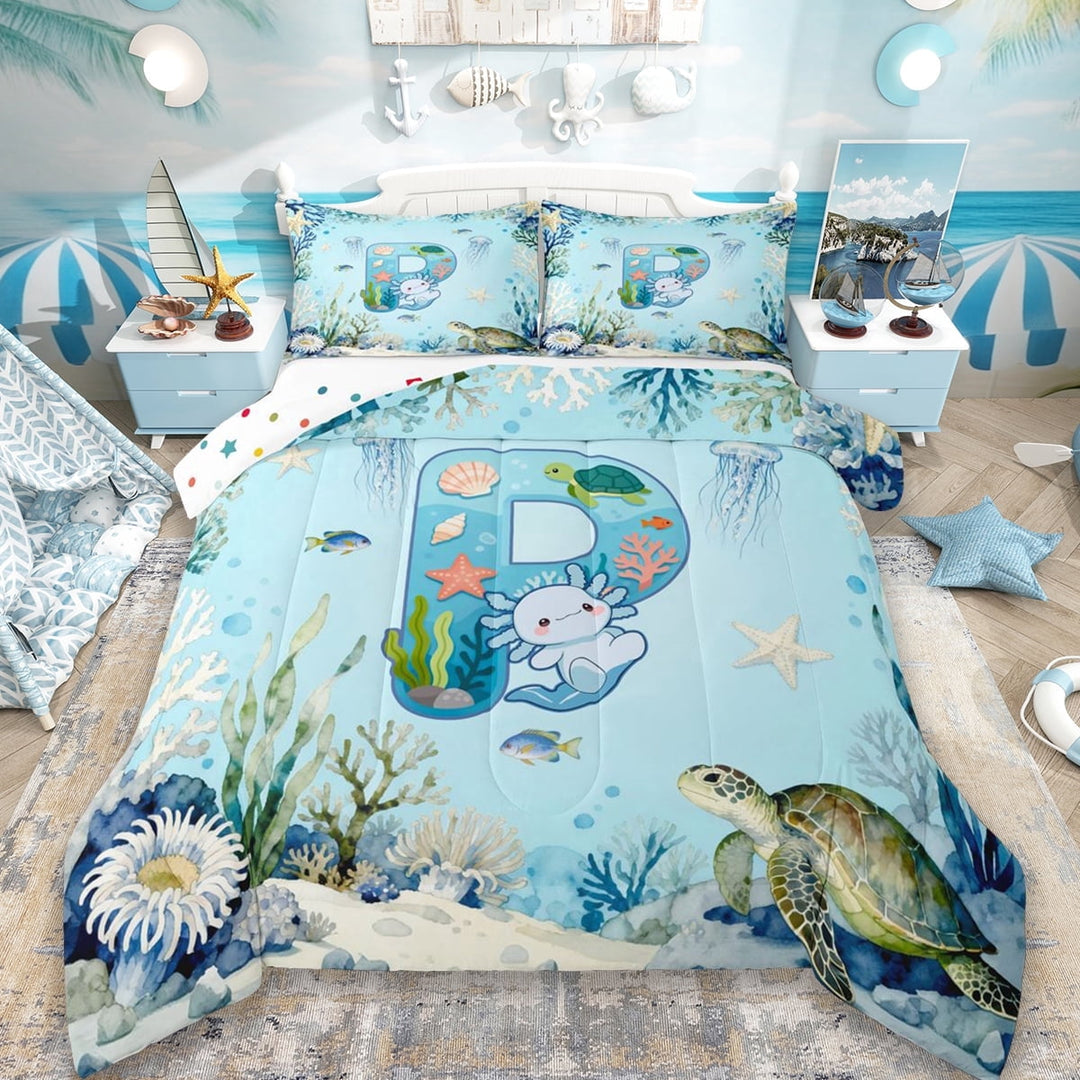 Erosebridal Nautical Coastal Personalized Gifts Full Size Comforter Sets,Blue Kawaii Axolotl Alphabet P Bedding Sets For Kids,Reversible 3 Pieces