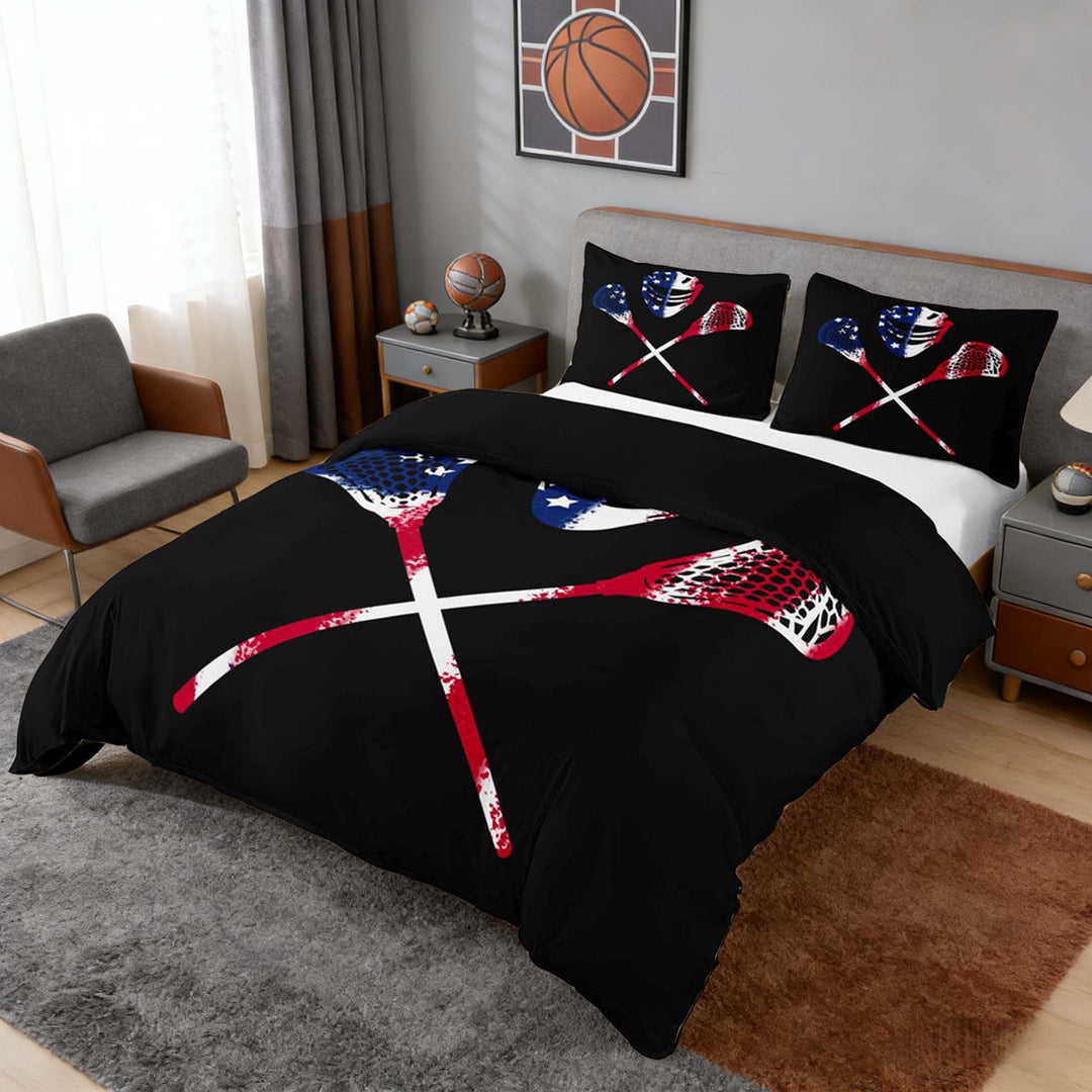 Erosebridal USA Lacrosse Duvet Cover Set, Sport Bedding Full for Men and Boys, Black Reversible 3-Piece, 1 Duvet Cover and 2 Pillowcases