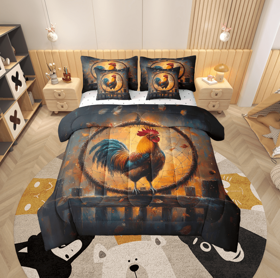 Rooster Comforter Set Dreamcatcher Bedding Set Queen,Boho Feather Farm Animals Bed in a Bag,Exotic Bohemian Decor(Comforter+Fitted+Flat Sheet+2 Pillowcases+2 Throw Pillow Covers) 7 Pieces Bed Set