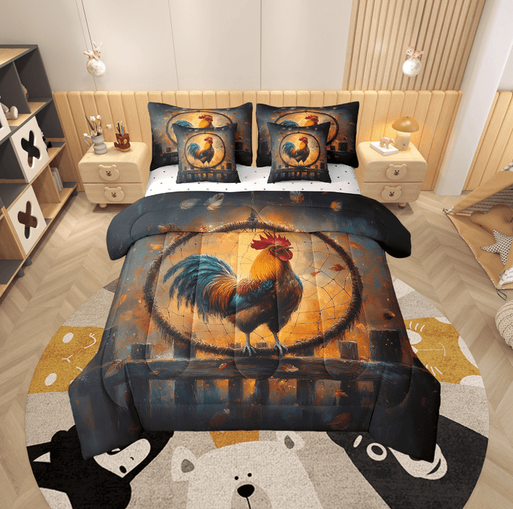 Rooster Comforter Set Dreamcatcher Bedding Set Queen,Boho Feather Farm Animals Bed in a Bag,Exotic Bohemian Decor(Comforter+Fitted+Flat Sheet+2 Pillowcases+2 Throw Pillow Covers) 7 Pieces Bed Set