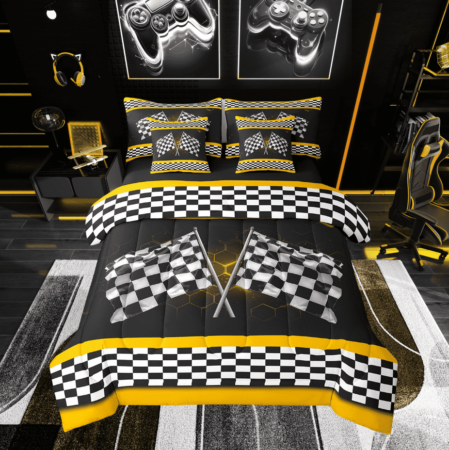 Erosebridal Yellow Stripes Geometric Bed in a Bag Twin size, Race Car Bed Set, Sports Theme Decor, Reversible