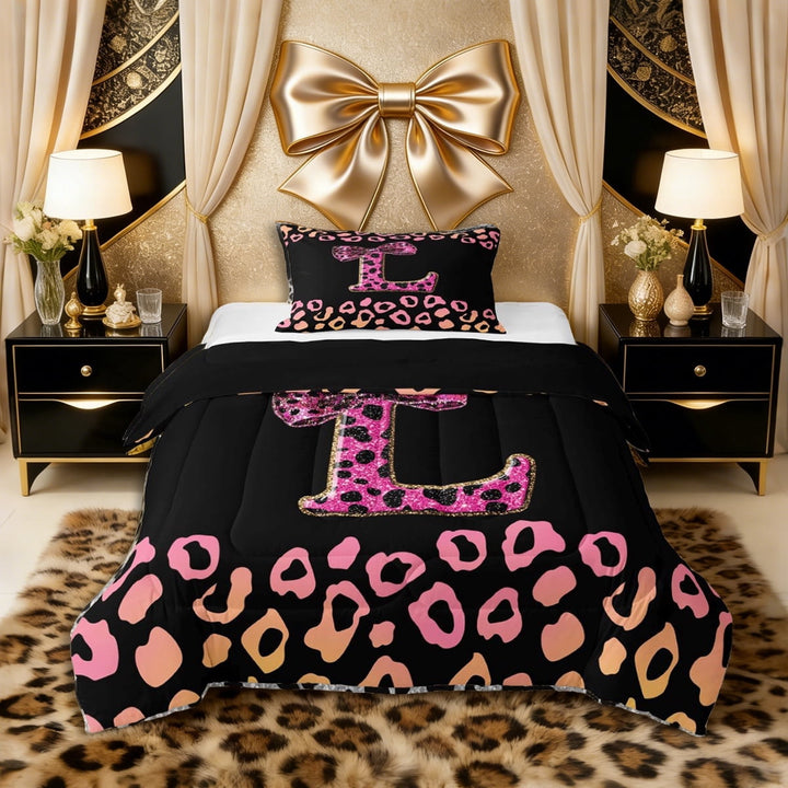 Erosebridal Bling Glitter Print Bow Letter L Monogrammed Twin Comforter Sets 3-Piece for Teens Girls,Vintage Gradient Leopard Print Bedding Set,Black Reversible,Luxury Bedroom Decor