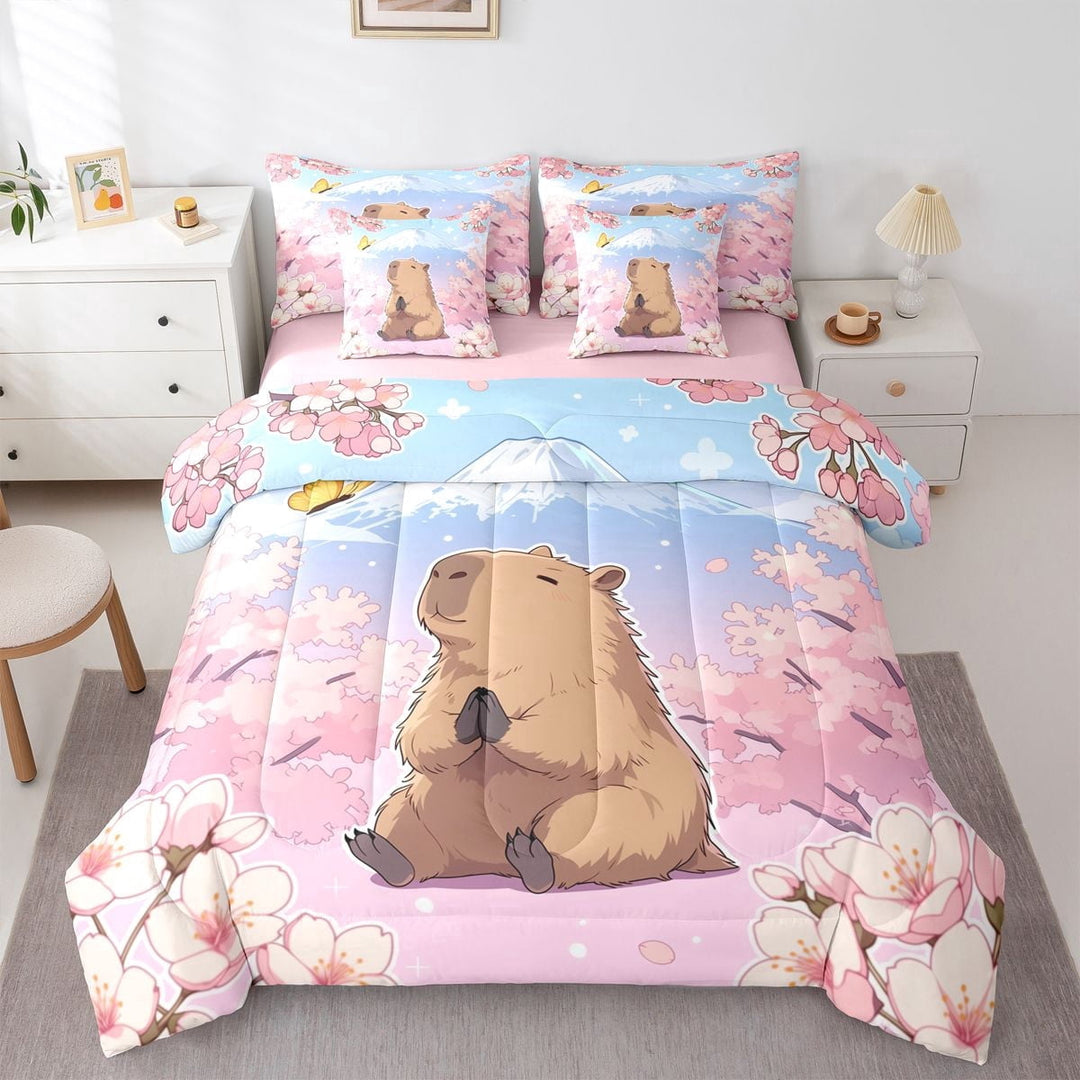 Erosebridal Animal Capybara Twin Bedding Sets 7-Piece For Boys Girls,Japanese Sakura Mount Fuji Bedding Comforter Set For Kids,Pink Reversible
