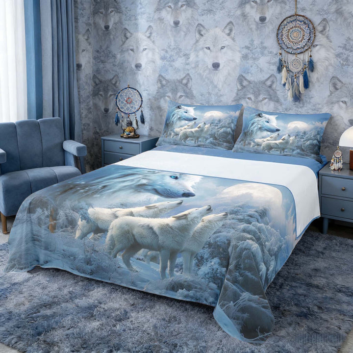 Erosebridal White Wolf Pack Snowy Moon Print Full Size Sheets, Winter Wildlife Bed Sheets for Men and Women, 1 Flat Sheet, 1 Fitted Sheet and 2 Pillowcases