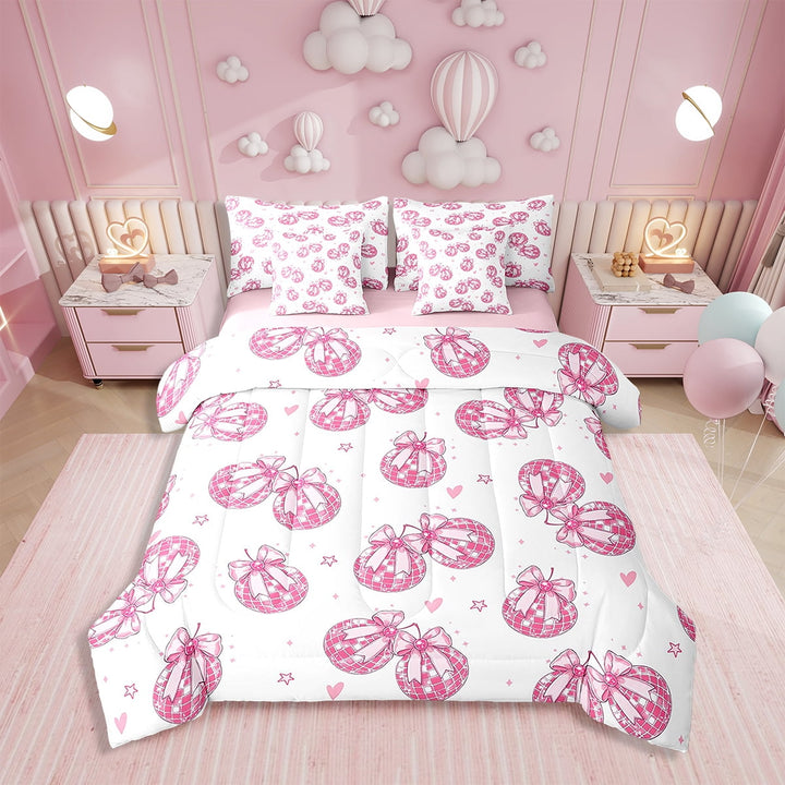 Erosebridal Pink Disco Ball Comforter Set with Sheets Cowgirl Bow Tie 7 Piece Bedding Set Twin Size Cute Bowtie Princess Bed in a Bag Pink Star Print Bed Set