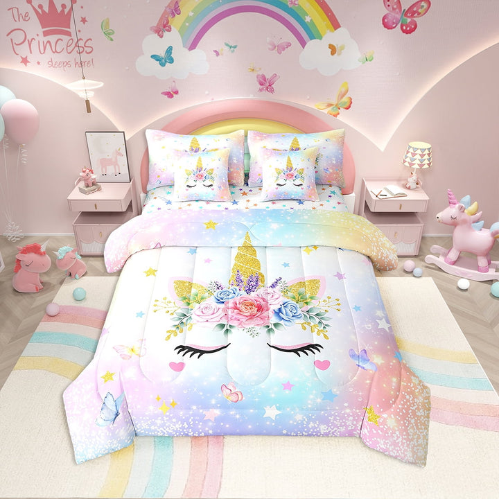 Erosebridal Dreamy Unicorn Bedding Twin Size, Glitter Galaxy Bedding Sets Twin Size, Rose Flower Decor, Reversible 7pcs