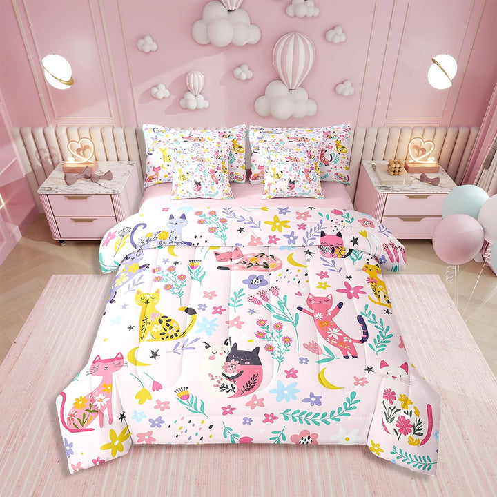 Erosebridal Funny Cat Bedding Twin Size 7-Piece, Pink Floral Bed Set, Bedroom Decor