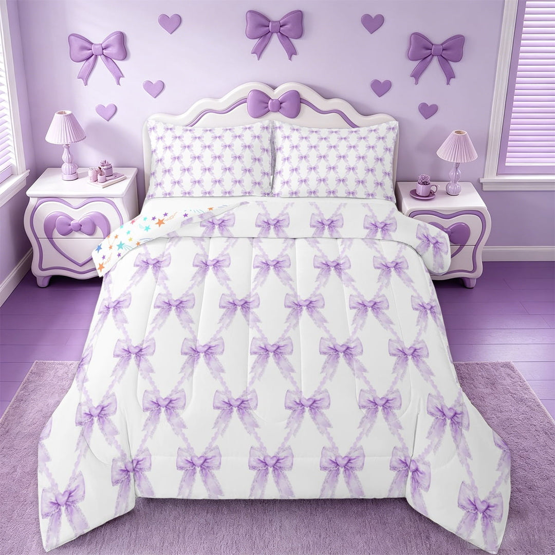 Manfei Cute Bowtie Bedding Comforter Set,Purple White Twin Comforter Sets,Princess Bow Knot Bedding Set For Girls,Microfiber Bedroom Decor Reversible,2 Pieces