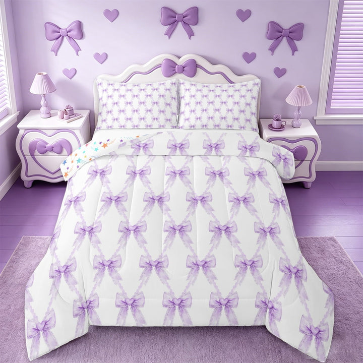 Manfei Cute Bowtie Bedding Comforter Set,Purple White Twin Comforter Sets,Princess Bow Knot Bedding Set For Girls,Microfiber Bedroom Decor Reversible,2 Pieces