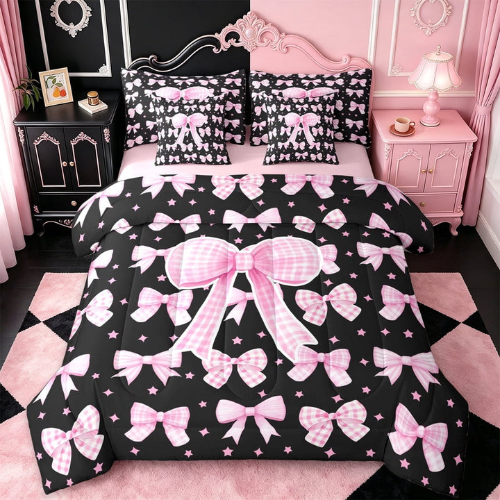 Erosebridal Ribbon Bow 7-Piece Twin Bedding Sets For Girls Kids,Pink Cute Stars Bedding Comforter Set For Bowtie Lover ,Pink Reversible