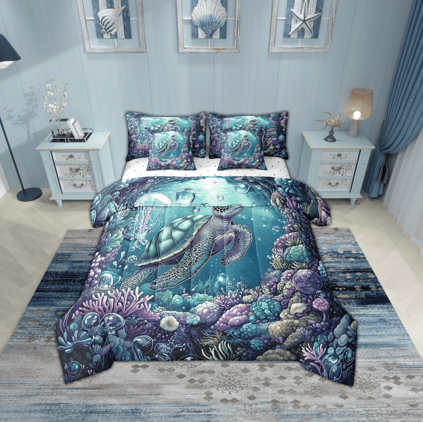 Erosebridal Sea Turtle Bedding Sets Twin Size,Ocean Wildlife Comforter Sets with Sheets,Marine Decoration,Reversible,Breathable,7pcs