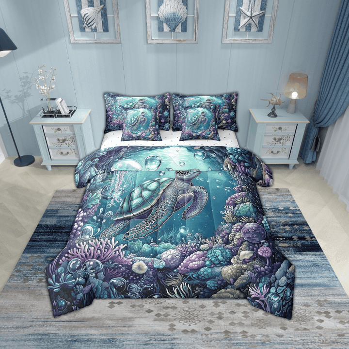 Erosebridal Sea Turtle Bedding Sets Twin Size,Ocean Wildlife Comforter Sets with Sheets,Marine Decoration,Reversible,Breathable,7pcs