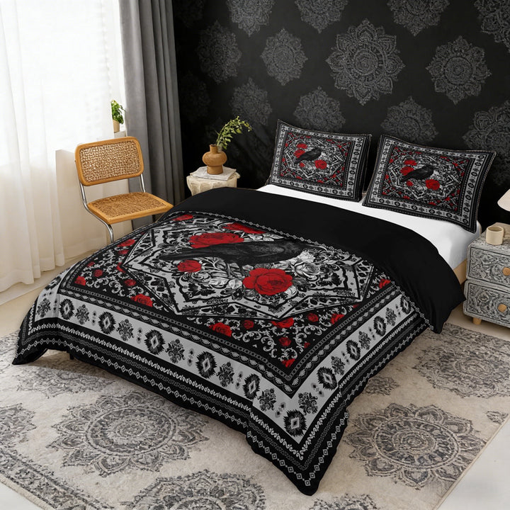 Erosebridal Vintage Crow Queen Duvet Cover Set, Bohemian Aztec Mandala Bedding, Black Gray Red, Black Reversible 3-Piece, 1 Duvet Cover and 2 Pillowcases (No Comforter)