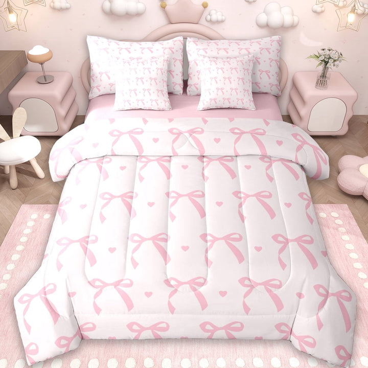 Erosebridal Girls Pink Bowknot 7-Piece Twin Bedding Sets For Kids,Dreamy Princess Themed Bedding Comforter Set,Reversible pink