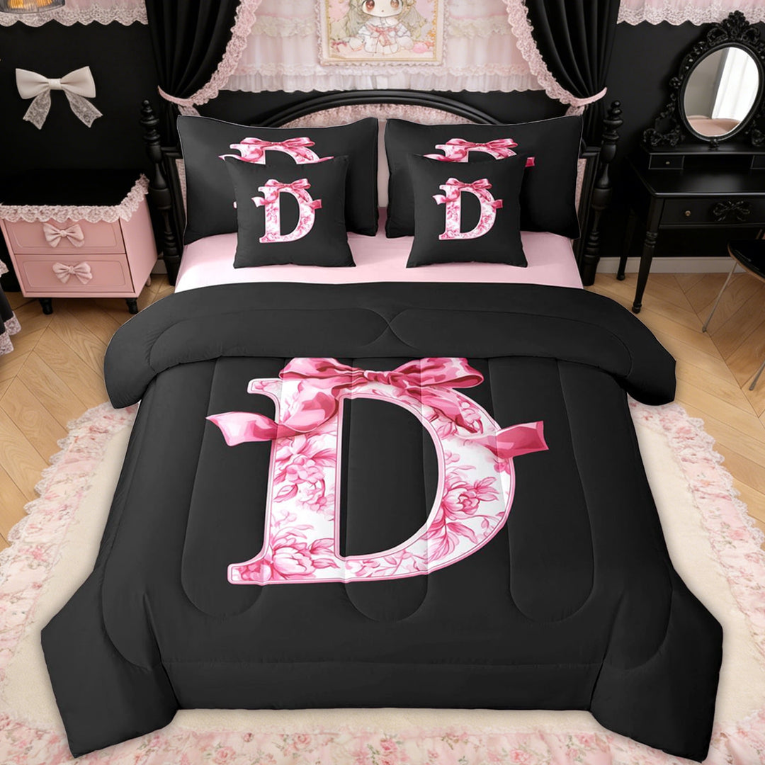 Erosebridal Floral Bow Letter D Twin Bedding Sets for Girls, Pink Initial Ribbon Bedding Comforter Set, Reversible, 7-Piece